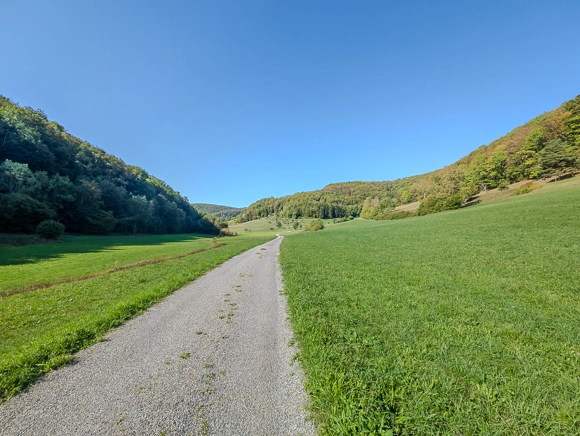 Der idyllische Schotterwanderweg schlängelt sich durch das saftig grüne Schönbachtal unter strahlendem blauem Himmel.