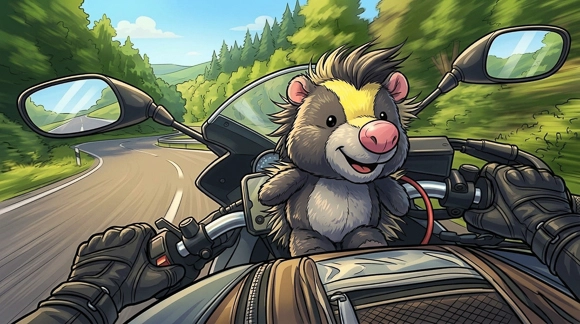 Comic-Illustration: Mini Christopher als Motorrad-Copilot im Kurvenrausch auf der Schwäbischen Alb
