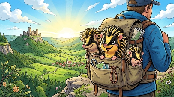 Klein Viki, mini Christopher und Baby Viki im Rucksack mit Blick auf die Hiltenburg